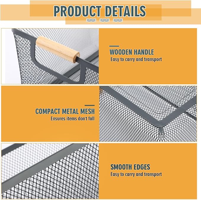 Ziliny 4 Pcs Metal Mesh Wire Baskets with Wooden Handles for Organizing, Pantry Organizers and Storage Steel Bin Kitchen Baskets for Fruit Potato Onion Snacks Bathroom Cabinet(Large,Dark Gray)
