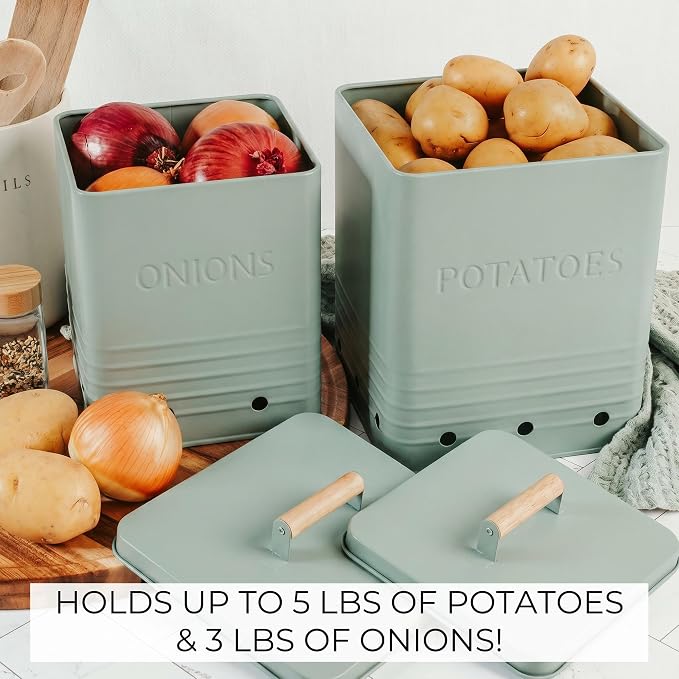 ZICOTO Beautiful Potato and Onion Storage Container Set, 10.1" & 8.9" - Perfectly Sized Spacious Canisters For Your Kitchen Counter Or Pantry - Food Safe Metal Bins Keep Produce Fresh Longer