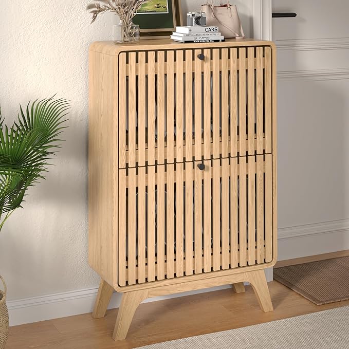 Jluomei Narrow Shoe Cabinet Storage for Entryway, Modern Cabinet Rack with 2 Flip Drawers, Slim Wood Fluted Entry Way Shoe Organizer, Wooden, Small, Farmhouse, Freestanding, Natural Oak (39.4 Inch)