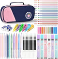 46 Pcs Large Capacity Pencil Pouch with Aesthetic School Supplies, 12 Pastel Highlighters, 5 Black Ink Gel Pens, 6 Mechanical Pencils Set 0.5 & 0.7mm, Sticky Notes, Stationary Set for Student (Pink)