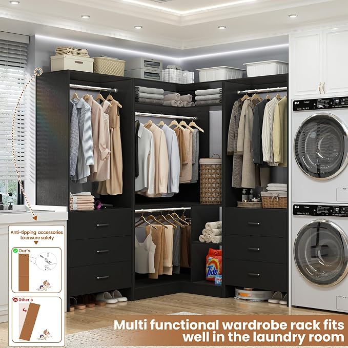 Aheaplus Closet System with 6 Drawers, 4 Hanging Rods & Corner Tower, Corner Closet System with Hanging,80.9" L-Shaped Walk-In Wardrobe Organizer, 2000+ lbs Capacity, Set of 3, Black