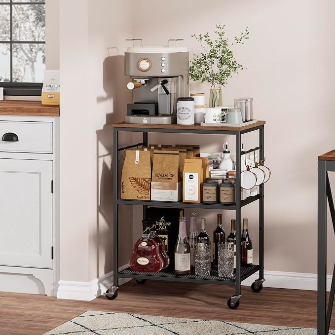 Homleke 3-Tier Rolling Kitchen Microwave Cart, Utility Cart | Coffee Bar Table Station with 6 Hooks, Small Appliance Storage Shelf, Rustic Brown and Black