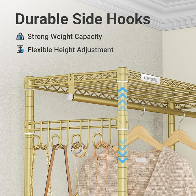 VIPEK R2 Plus Rolling Clothes Rack for Hanging Clothes Heavy Duty Garment Rack 3 Tiers Adjustable Wire Shelving Clothing Racks with Double Hanging Rods, Closet Organizers and Storage, Gold