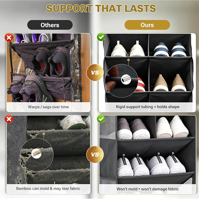 HOMELUX THEORY Hanging Shoe Organizer for Closet, 6 Tier Over the Door Shoe Organizer 120D Extra Thick with Deep Pockets, Shoe Rack for Closet & Entryway, with 4 Side Storage Pockets (Dark Gray)