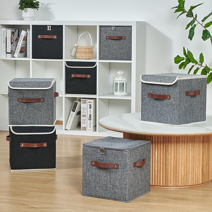 4PCS Storage Cubes with Lid Fabric Storage Bins Boxes PU Leather Handles Cotton Linen Closet Organizer Container Decorative Foldable Washable Shelf Cloth Basket (Flip-top Lid, Black, 11in)