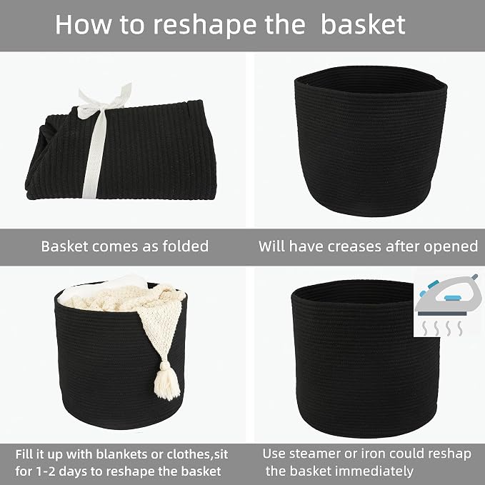 XUANGUO Cotton Rope Woven Basket, 16x14 in Kids Laundry Basket black | Round blanket basket and small laundry basket; baby hamper or nursery storage bin for girls, boys, toys, clothes and shoes