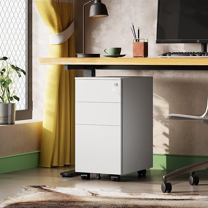 DEVAISE 3 Drawer Mobile File Cabinet with Lock, Under Desk Metal Filing Cabinet for Home Office Fit Legal/Letter/A4 File, Fully Assembled - White