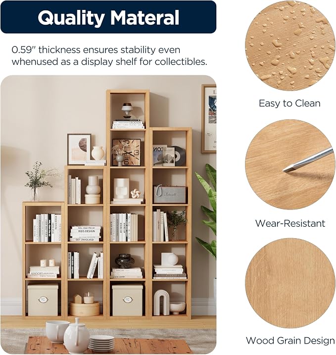 16-Cube Storage Organizer Bookcase, Thick Frame Wood Grain Storage Shelf, Rectangular Cube Open Back Display Unit, 48.8x9.4x48.8 Inches for Living Room, Bedroom, Home Office, Natural Wood