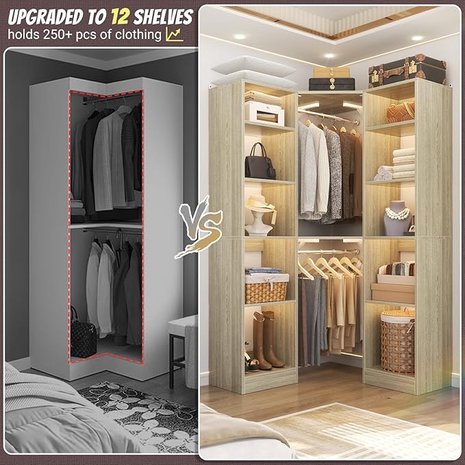 Besiost Corner Closet System with 12 Shelves, 39.2" Corner Closet Organizer System with 2 Hanging Rods, Versatile 6-Tier Walk-in Closets for Corner Space, White Oak (39.2" L x 39.2" W x 80" H)