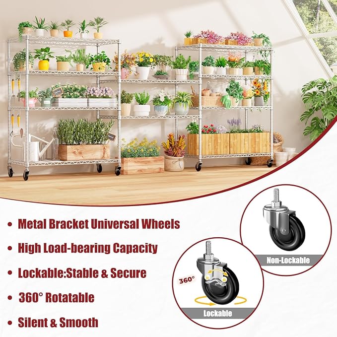 PrimeZone 3 Pack Steel Storage Wire Shelving 5 Tier Metal Shelves with Wheels,Adjustable Kitchen Utility Shelving Unit,Pantry Rack Rolling Metal Shelf Laundry,Chrome 24" Wx18 Dx75 H