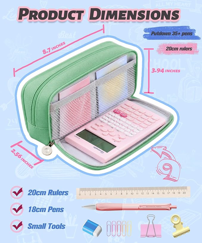 FAHZON Cute Pencil Case, 3 Large Compartments Pencil Pouch, Elastic Pen Slots&Mesh Pockets for Stationery, Pencil Bag for School Supplies with Zipper for Girls Boy Women Teens Adults-Green