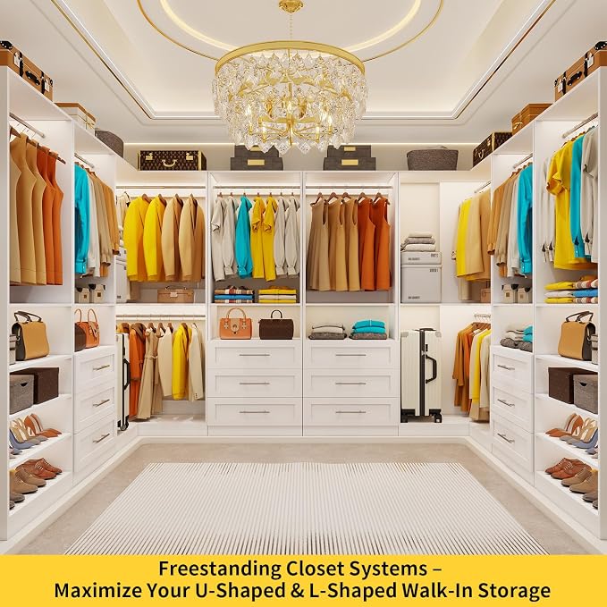Closet System with 6 Drawers, Corner Closet Organizer System with 9 Rods & Shelves Walk in Wooden Modular Closet Storage System L-Shaped U -Shaped Freestanding 4 Sets, 2500+ Lbs Capacity White