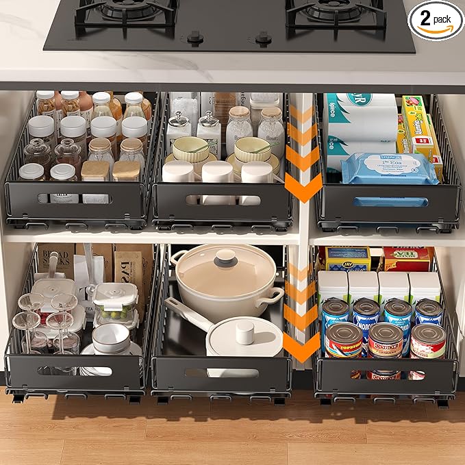 PureBox Pull Out Cabinet Organizer, Slide Out drawers for cabinets, Heavy Duty Carbon Steel Roll Out Shelves for kitchen, bathroom, pantry (14.7’’-23.1’’ Slide, Adhesive & Screw), Black (2)