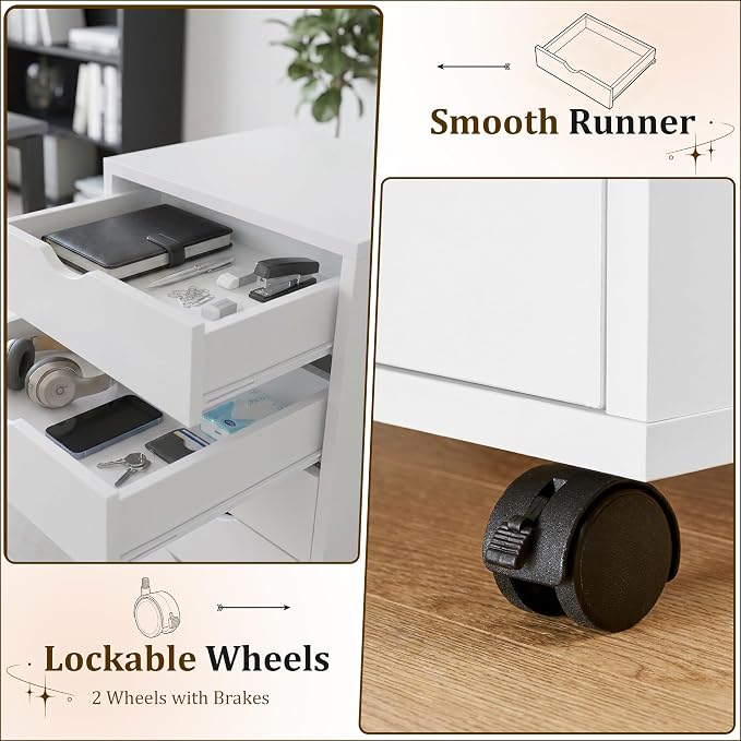 5 Drawer Rolling Storage Cabinet, Mobile File Cabinet for Office, White | Rolling Storage Cabinet with 5 Drawers for Desk Drawer Organization, Home Office Storage and Printer Stand
