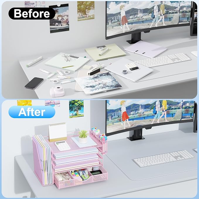gianotter 5-Tier Desk Organizer with Drawers, File Holders, Letter Trays and Pen Holders - Workspace Accessories for Office Supplies (Pink)