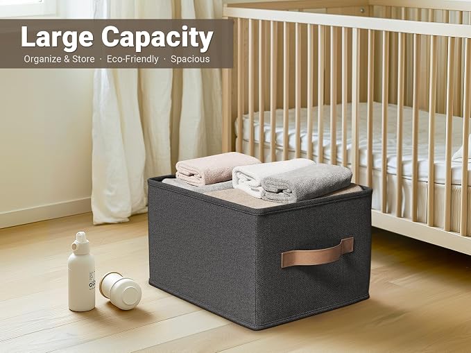 LayerSpace 3 Pack Fabric Storage Bins for Shelves | 16.25x12x10in Closet | Collapsible Bins for Organization | Linen Clothes Storage Bins | Black