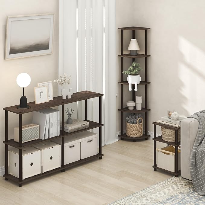 Furinno Turn-N-Tube Corner Shelf, 5-Tier Corner Bookshelf, Open Storage Shelves, for Organization and Storage, Living Room, Home Office, Garage, Bedroom, Black Walnut