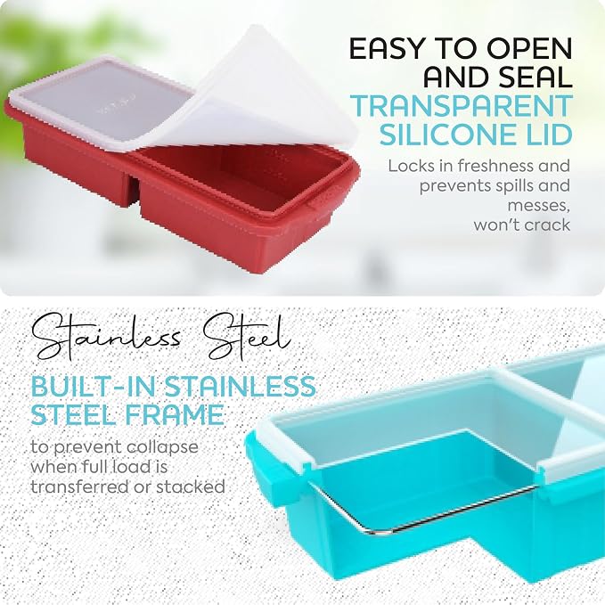 XOMOO Silicone Freezer Tray With Lid-Soup Freezer Container molds-2-cup Extra Large Ice Cube Tray-makes 4 perfect 500ml portions cubes, For freezing soup,stews,sauces.Oven&Dishwasher-Safe(2-Pack)