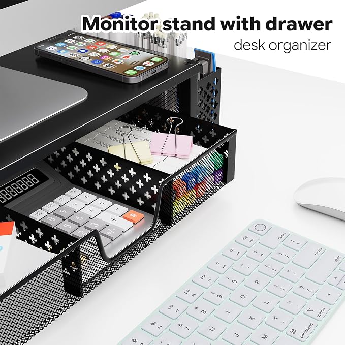 Simple Trending Desk Organizer and Accessories, 2-Tier Computer Monitor Stand Riser with Drawer & 2 Pen Holders, Office Desk Accessories & Workspace, Laptop & Printer Stand for Desktop, Black