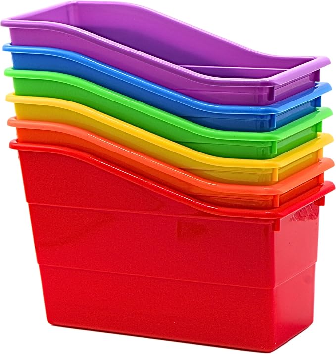 4E's Novelty 6 Durable Book and Binder Holder, Files Book Bins for Classroom, Plastic Vertical Storage Book Organizer Folder Office Classroom Organization Containers Supplies (Rainbow)