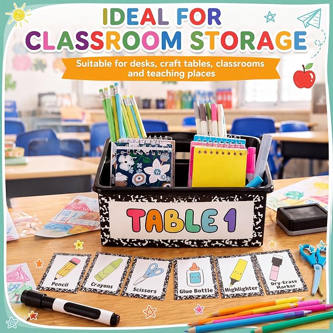 Hushee 6 Pcs Classroom Caddy Plastic Stackable Caddy Organizer with Handle 3 Compartment with 42 Label Portable Craft Basket Organization Storage for Desk Teacher Office School Supplies(Black)