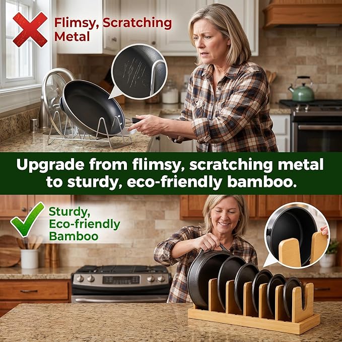 Premium Bamboo Pot Lid and Pan Organizer Rack for Kitchen Cabinets & Drawers – Adjustable Expandable Cookware Divider for Heavy Cast Iron, Baking Sheets & Plates – Scratch-Free Moisture-Resistant Wood