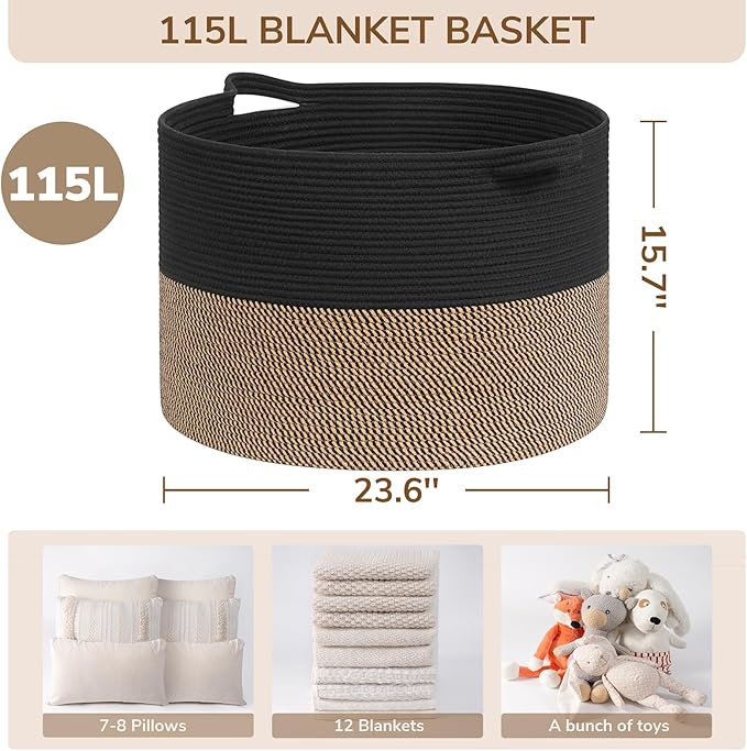 INDRESSME 115L Extra Large Storage Baskets for Organizing, Blanket Basket Living Room Dog Toy Bin, Wicker Storage Woven Laundry Basket for Pillows, Towel Shoes Entryway, Mix Black