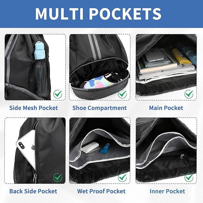 JELUTAR Drawstring Backpack Gym Bag with Shoes Compartment, Black | Water-Resistant String Backpack for Soccer, Basketball, Swim, Beach Cinch for Women Men, 18 L Large Capacity, Wet Pocket