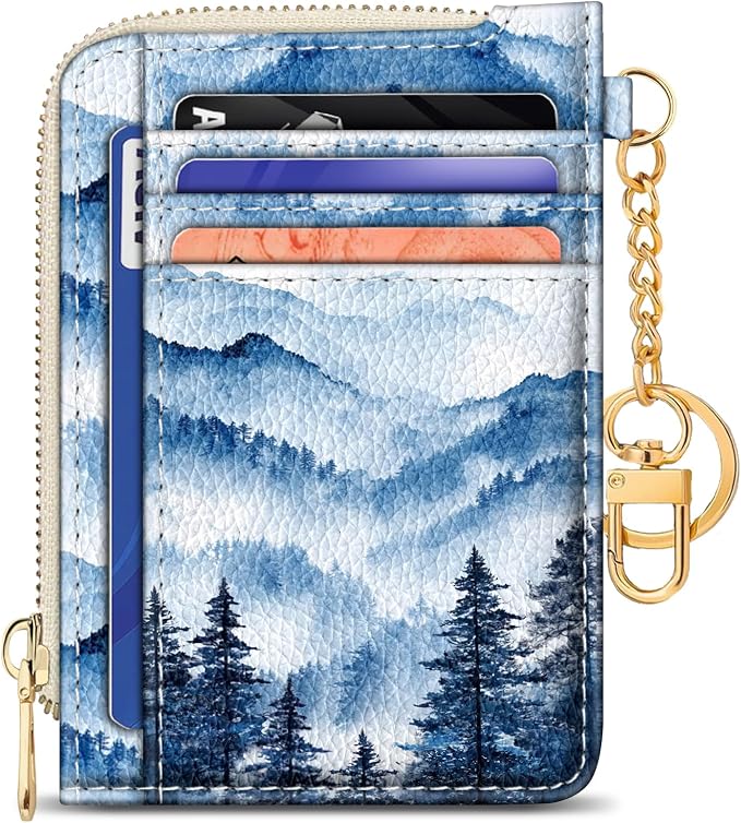 GIANCOMICS Slim Wallet Credit Card Holder Women, Hoarfrost Ink Painting Rfid Small Card Case, Keychain Thin Pocket Curved Zipper Wallet, Travel Card Holder PU Leather ID Window, Ladies Female Gifts