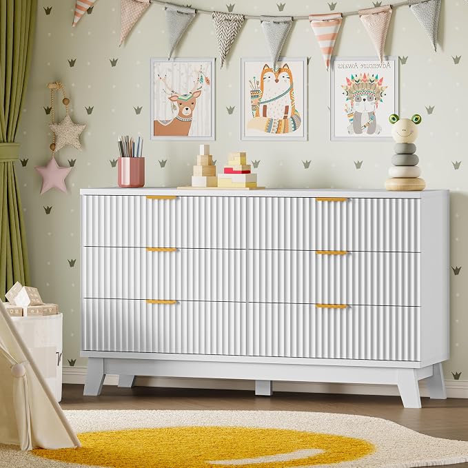 BORNOON Fluted 6 Drawer Dresser, 47.2" Wide Modern Boho Chest of Drawers, Wooden Storage Dresser TV Stand for Bedroom, Living Room, Closet, Hallway, Curved Profile Design