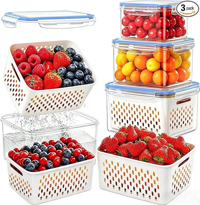 3PCS Fruit Storage Containers for Fridge – Airtight Produce Saver with Removable Drain Basket, BPA-Free Berry Keeper, Stackable Food Storage Containers for Vegetables, Lettuce & Meal Prep (Blue)