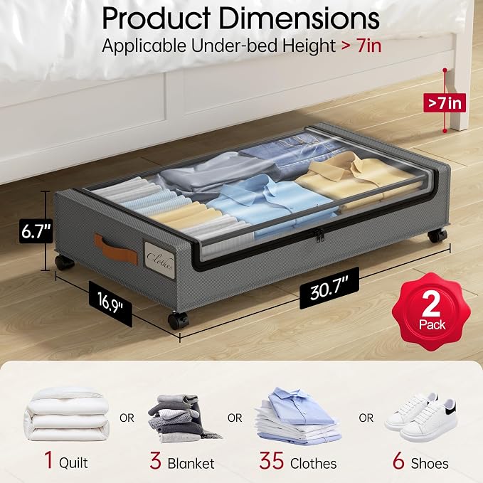 Yecaye Under Bed Storage with Wheels, 2 Pack Under Bed Storage Containers, Large Under Bed Rolling Storage with Clear Window & Label, Bedroom Storage Organizer for Clothes, Shoes, Books, Blankets