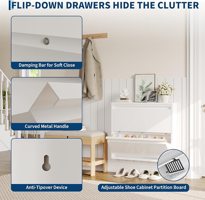 Garvee Slim Metal Shoe Cabinet with 2 Flip Drawers, Narrow Shoe Storage for Entryway, Wall Mounted or Floor Standing, Detachable Bottom Corners for Flexible Placement, Anti-Tip Safety Wall Mount