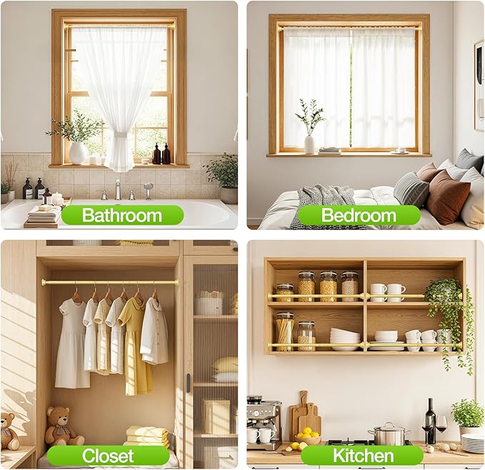 Tension Curtain Rod 28-48Inch Curtain Rods for Windows Gold Spring Curtain Rod no Drilling Adjustable Expandable Tension Rods for Windows,Doorway,Closet,Bedroom
