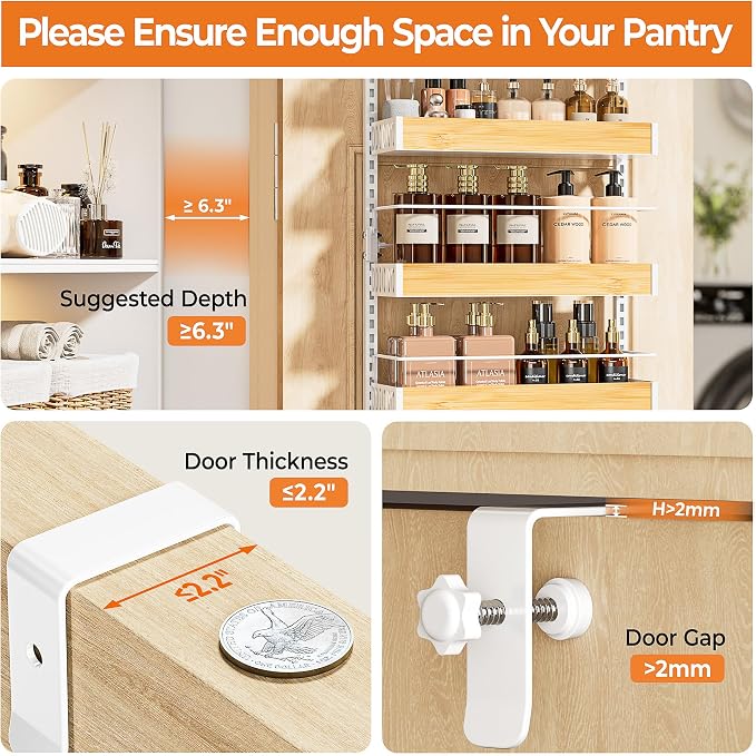 8-Tier White Door Mounted Hanging Spice Rack Shelves for Kitchen Home | Over-Door Pantry Organizer Spice Rack Back of Door Organizer and Storage with Anti-drop Rod & Adjustable Basket