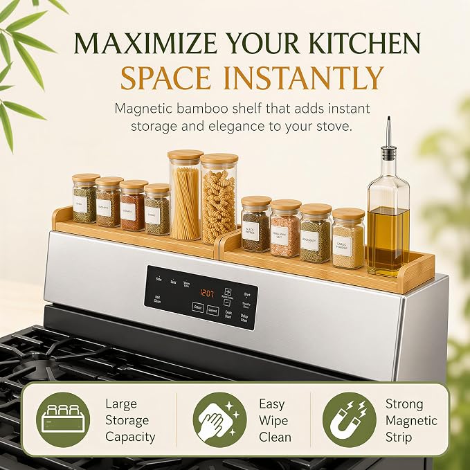 Magnetic Stove Top Shelf 30 Inch – Over the Stove Spice Rack Organizer for Flat Top Stoves, Strong Magnetic Bamboo Kitchen Shelf, Space Saving Stove Top Storage Rack, Tool-Free Installation, Natural