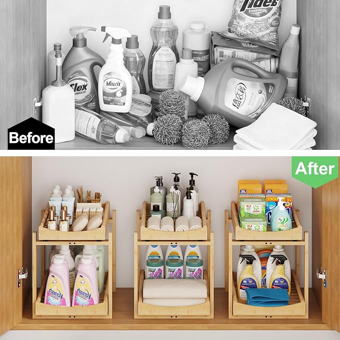 Bamboo Under Sink Organizer and Storage, 1 Pack Pull Out Cabinet Organization, 2 Tier Vertical Slide Out Undersink Storage Shelf, Multi-Purpose Organizer Shelves for Kitchen Bathroom Medicine