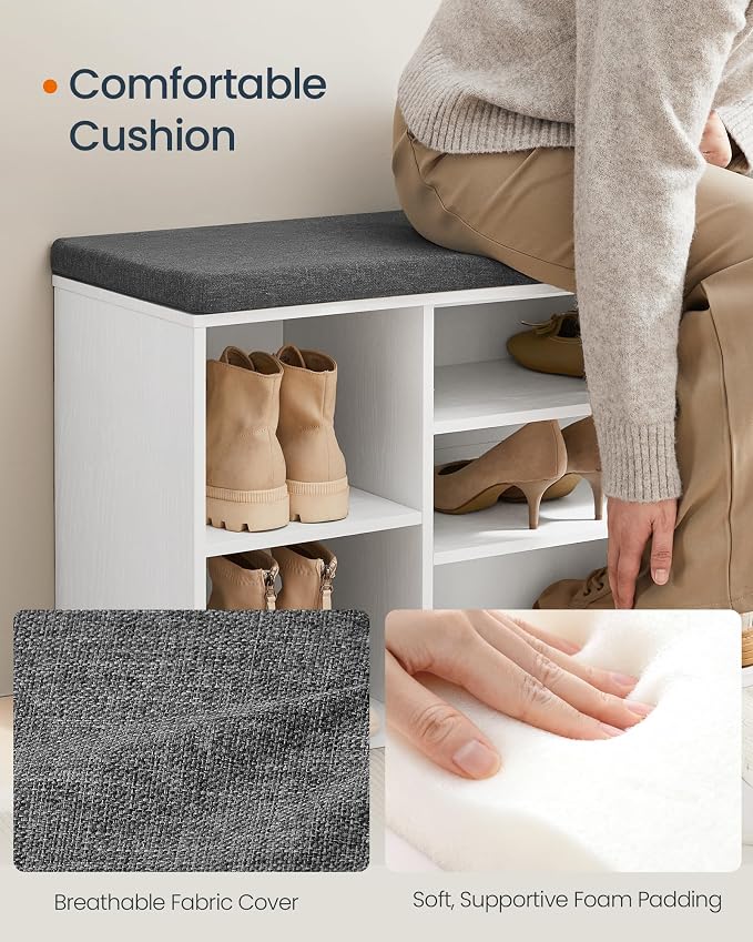 SONGMICS HOME Storage Bench, Snapsemble Superfast Assembly, 41" Wide Entryway Shoe Cubby Bench with Cushion & Adjustable Shelves, Window Shoe Rack Cabinet, Snow White and Slate Gray ULHS391WE02S