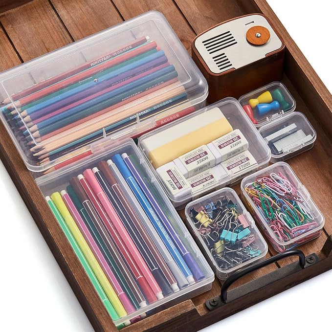 42 Pieces Mixed Sizes Rectangular Empty Mini Clear Plastic Organizer Box | Hinged Lids, For Small Items, Craft Projects
