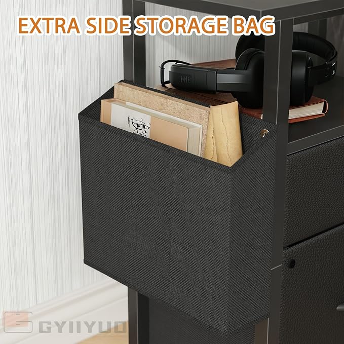 GYIIYUO 2 Drawer File Cabinet with 24'' Extended Desktop, Mobile | Rolling Filing Cabinet, Side Bag, Fits A4/Letter Size, Rolling Printer Stand, Home Office, Fabric Drawer, Black