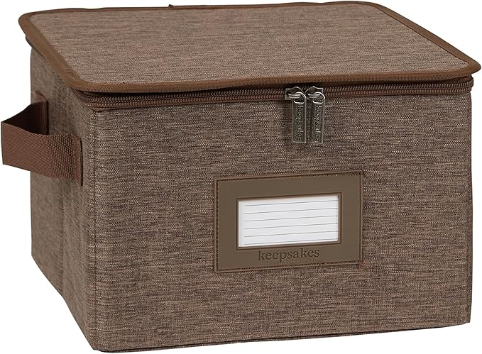 Covermates Dish Storage Box – China & Dinner Plate Storage Container with Dual Zippers, Reinforced Handles, ID Window & Stackable Structured Walls for Dishware Organization, Brown Heather