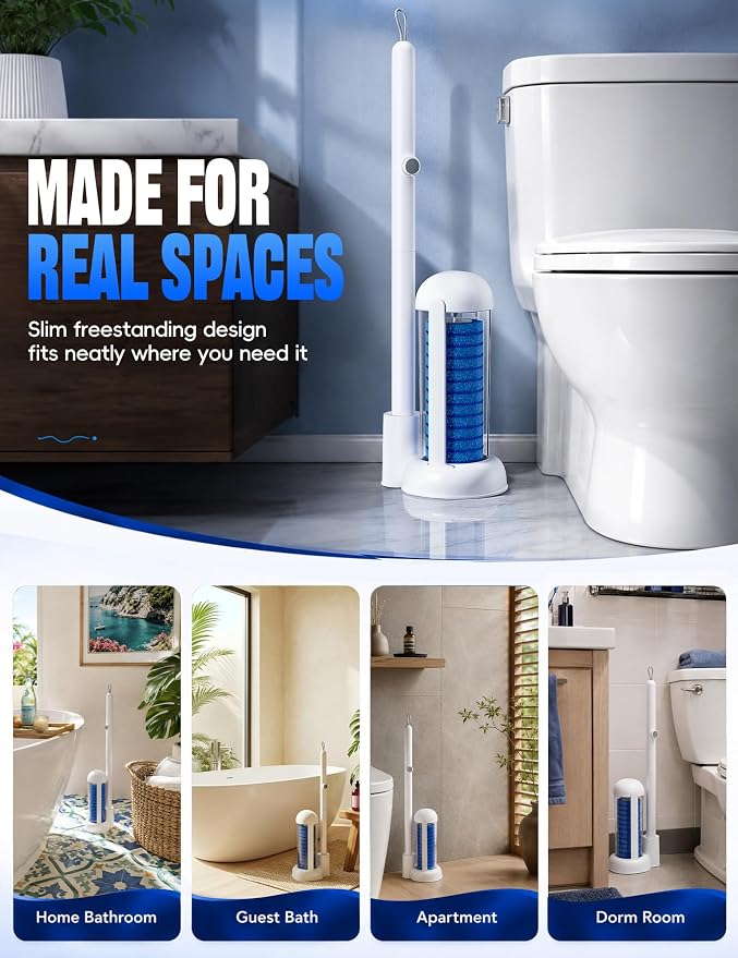 Toilet Brush Kit, Disposable Toilet Bowl Cleaner Brush with Blue Replacement Heads, Press-Button Wand and Self-Closing Freestanding Holder (Toilet Brush + 35 Refills)