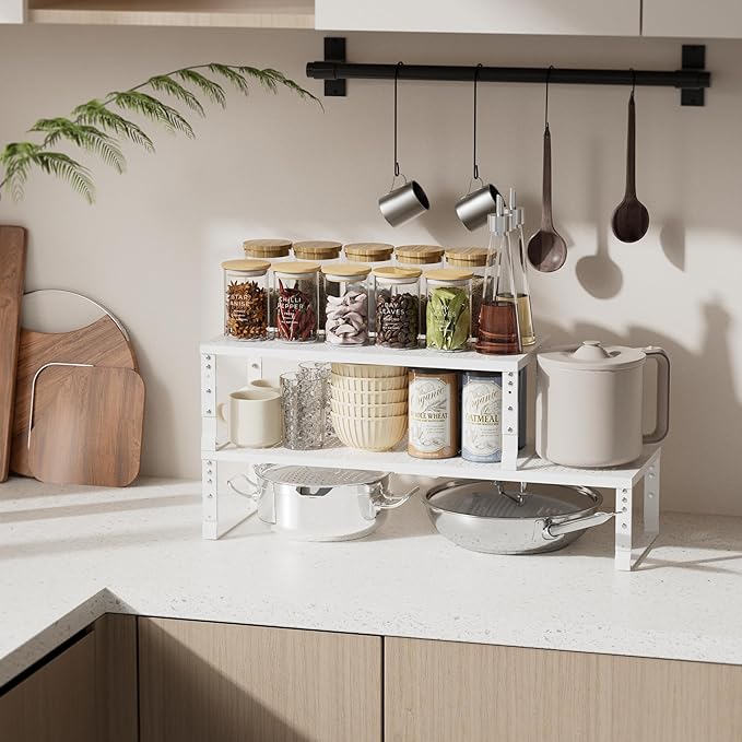 Expandable Spice Rack & Kitchen Cabinet Organizer - Stackable, Adjustable Shelves for Cabinets, Countertops, Cupboards & Pantries(1 Pack/Medium/White)