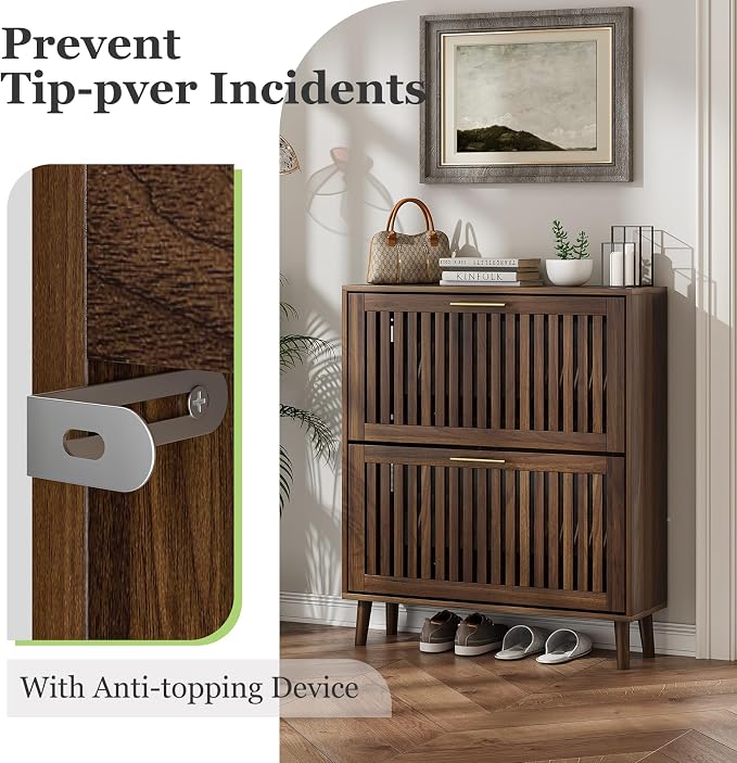 Shoe Cabinet, Shoe Storage Cabinet with Louvered 2 Flip Drawers, Narrow Shoe Cabinet Storage for Entryway, Freestanding Shoe Organizer Cabinet with Golden Handles, Slim Shoe Rack Cabinet (Walnut)