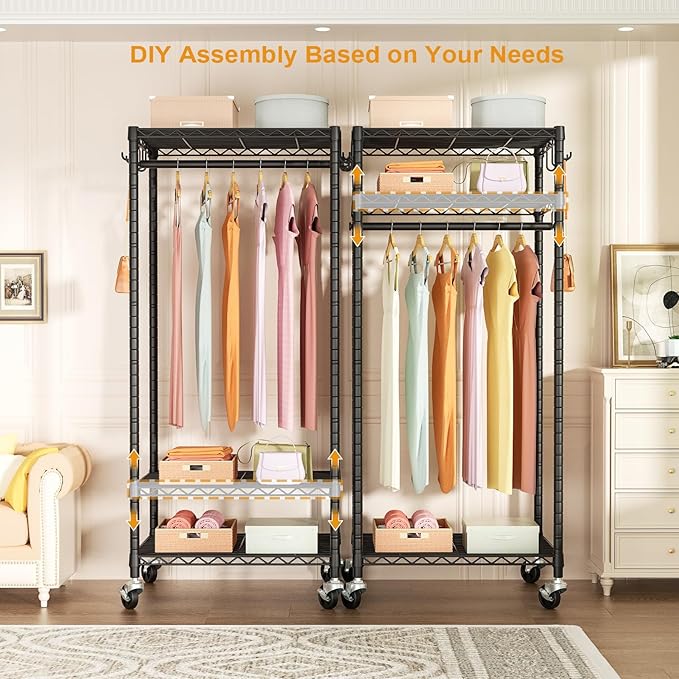 FUTASSI Rolling Clothes Rack, Clothing Racks for Hanging Clothes, Black | P6 Mini Heavy Duty Garment Rack with Wheels, Freestanding Portable Closet Rack with Shelves, 23.6 In Wide, Max Load 360 LBS