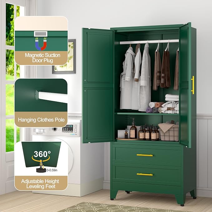 GAIOUS 71" Wardrobe Cabinet with 2 Doors, 1 Adjustable Shelf and 2 Drawers | Metal Clothing Storage Cabinets with Hanging Rod, Armoire Wardrobe Closet for Bedroom, Cloak Room, Gym (Green)