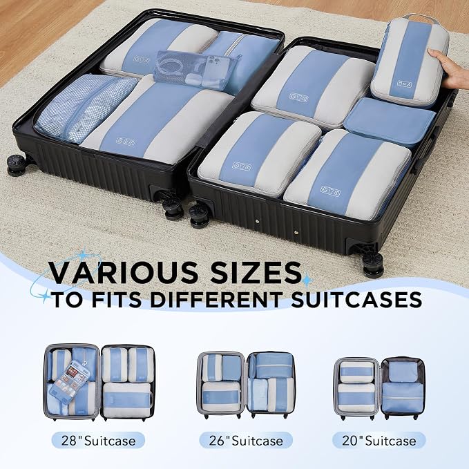 OlarHike 10 Set Compression Packing Cubes for Travel Essentials,Compressible Expandable Space Saver Bags for Organizing Clothes,Luggage Suitcase Garment Bags with Over 1000 pcs Mesh Holes(Light Blue)