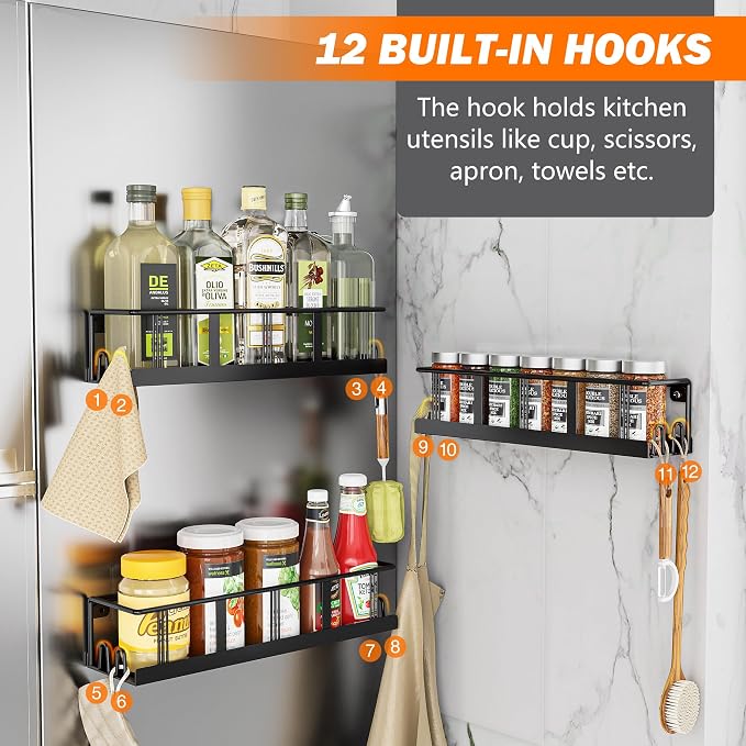Bunoxea Spice Rack Wall Mounted 4 Pack,RV Spice Rack,Black | 16 Built-in Hooks,2 Versatile Sizes, Space-Saving,Flat Base, Screw or Adhesive, For Kitchen Cabinet, Pantry Door,Stove,RV