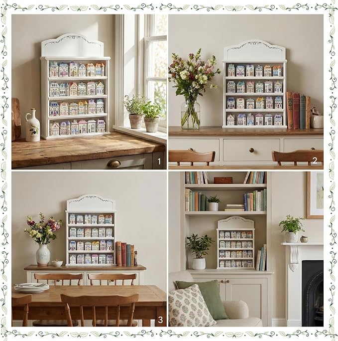 Chunful Vintage Spice Jar Wooden Rack White with Vines in Green Color Spice Shelf for 24 Jars, Village Style Wall Mounting Kitchen Storage Decorative Hanging Display Rack, Shelf Only