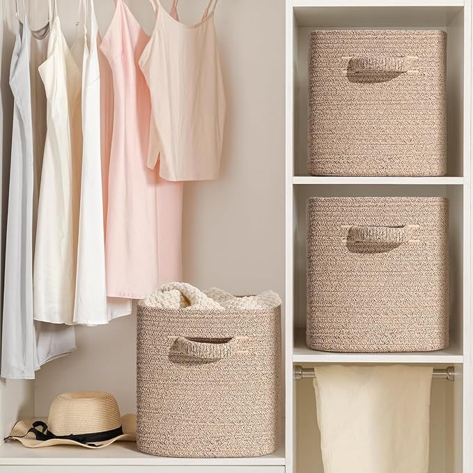12 Inch Storage Cubes, 3 Pack Cube Storage Bins for Organizing, Cotton Rope Woven Baskets for Shelves, Bathroom, Kids Room, Closets, Baby Nursery